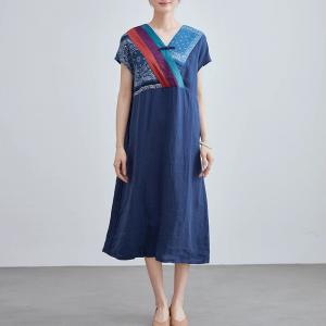 Folk Style Frog Button Linen Blue Loose Dress