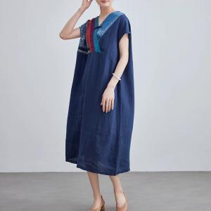 Folk Style Frog Button Linen Blue Loose Dress