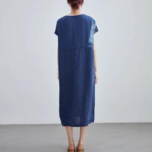 Folk Style Frog Button Linen Blue Loose Dress