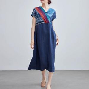 Folk Style Frog Button Linen Blue Loose Dress