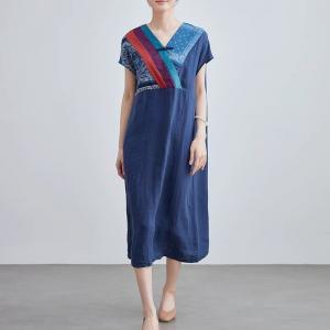 Folk Style Frog Button Linen Blue Loose Dress