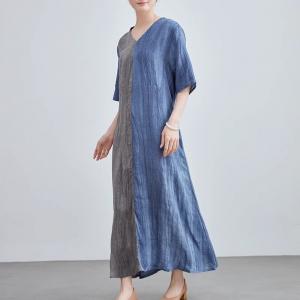 Blue and Gray Loose Tied Linen Dress