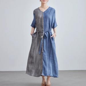 Blue and Gray Loose Tied Linen Dress