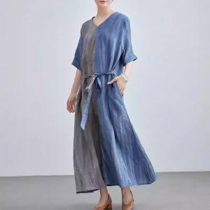 Blue and Gray Loose Tied Linen Dress