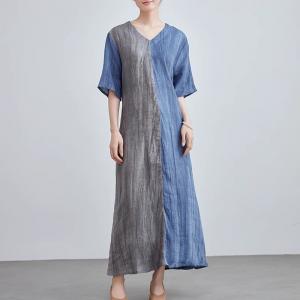 Blue and Gray Loose Tied Linen Dress