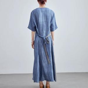Blue and Gray Loose Tied Linen Dress