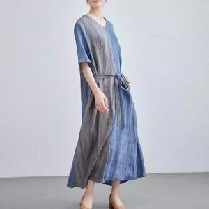 Blue and Gray Loose Tied Linen Dress