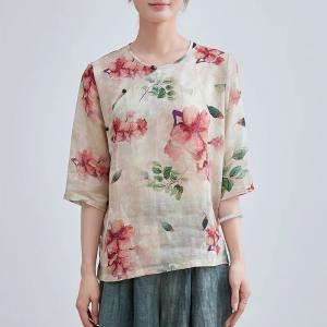 Red Flowers Slanted Button Ramie Modern Qipao Blouse