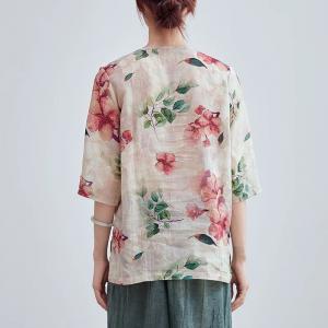 Red Flowers Slanted Button Ramie Modern Qipao Blouse