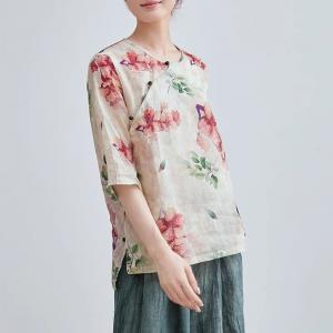 Red Flowers Slanted Button Ramie Modern Qipao Blouse