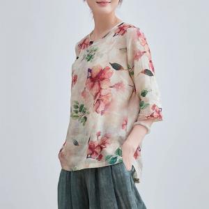Red Flowers Slanted Button Ramie Modern Qipao Blouse