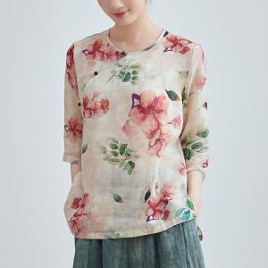 Red Flowers Slanted Button Ramie Modern Qipao Blouse