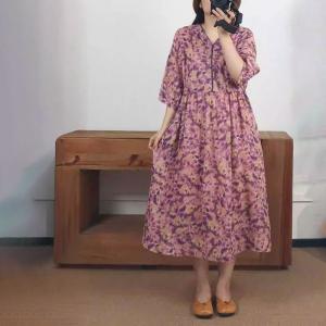 Purple Flowers High Waist Organic Ramie Dress