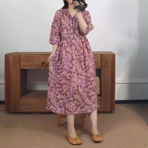 Purple Flowers High Waist Organic Ramie Dress