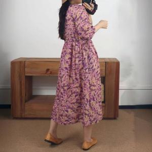 Purple Flowers High Waist Organic Ramie Dress