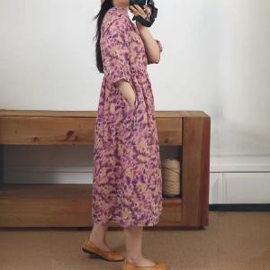 Purple Flowers High Waist Organic Ramie Dress