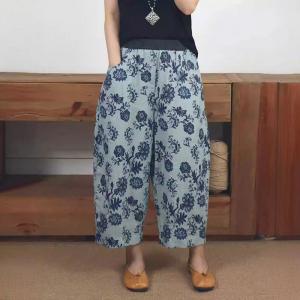 Blue Flowers Printed Loose Linen Ankle Pants