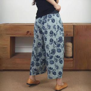 Blue Flowers Printed Loose Linen Ankle Pants