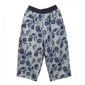 Blue Flowers Printed Loose Linen Ankle Pants