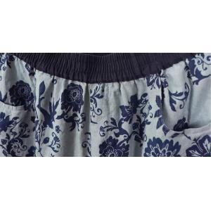 Blue Flowers Printed Loose Linen Ankle Pants