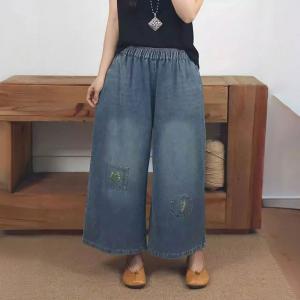 Embroidered Patchwork Wide Leg Jeans for Women