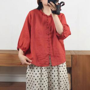 Ruffled Collar Button Fly Plain Ramie Blouse