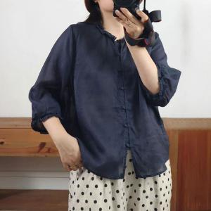 Ruffled Collar Button Fly Plain Ramie Blouse