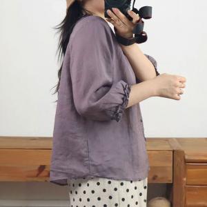 Ruffled Collar Button Fly Plain Ramie Blouse