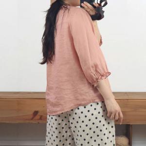 Ruffled Collar Button Fly Plain Ramie Blouse