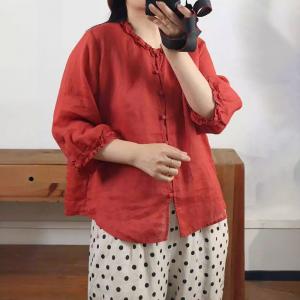 Ruffled Collar Button Fly Plain Ramie Blouse