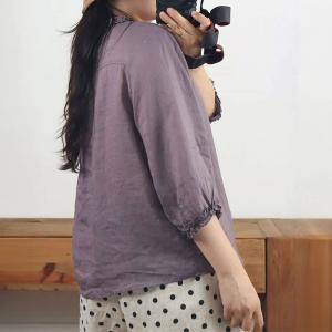 Ruffled Collar Button Fly Plain Ramie Blouse