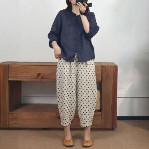 Ruffled Collar Button Fly Plain Ramie Blouse