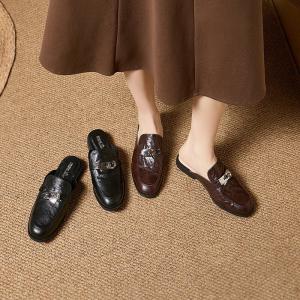 Metal Buckle Sheep Skin British Slipper Flats