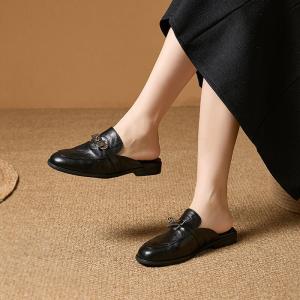 Metal Buckle Sheep Skin British Slipper Flats