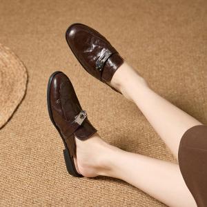 Metal Buckle Sheep Skin British Slipper Flats
