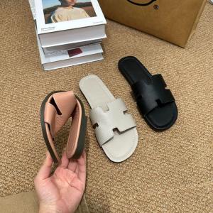 Plain Leather Open Toe Flat Slippers