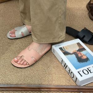 Plain Leather Open Toe Flat Slippers
