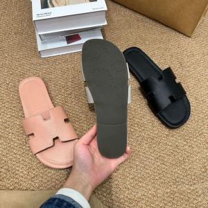 Plain Leather Open Toe Flat Slippers