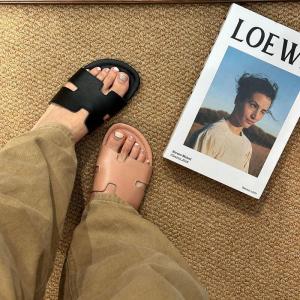 Plain Leather Open Toe Flat Slippers