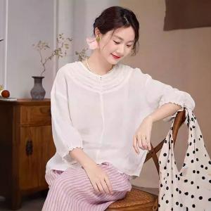 Ruffle Collar Beige Comfort Linen Blouse