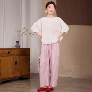 Ruffle Collar Beige Comfort Linen Blouse