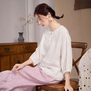 Ruffle Collar Beige Comfort Linen Blouse