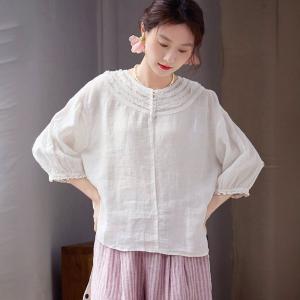 Ruffle Collar Beige Comfort Linen Blouse