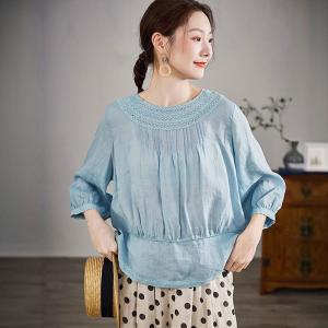 Crochet Collar Pleated Ramie Blouse