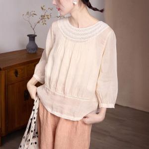Crochet Collar Pleated Ramie Blouse