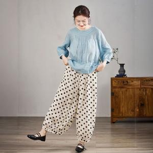 Crochet Collar Pleated Ramie Blouse