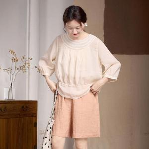 Crochet Collar Pleated Ramie Blouse