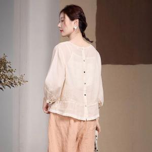 Crochet Collar Pleated Ramie Blouse