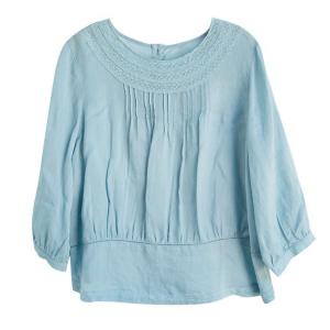 Crochet Collar Pleated Ramie Blouse