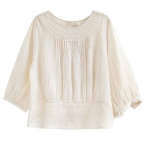 Crochet Collar Pleated Ramie Blouse